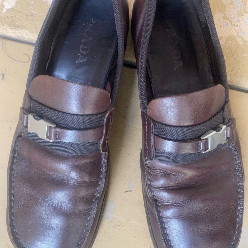 Prada Brown Leather slip on Loafers with Signature side Buckle Loafer